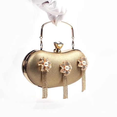 Evening Clutch Bag Rhinestone Flower Tassel Artificial Pearl Hard Shell Wedding Banquet Handbag For Women Formal Party