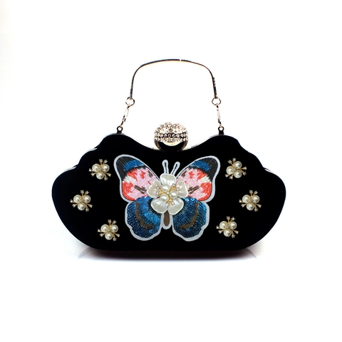 Schmetterling Stickerei Samt Abendtasche Mit Strass Künstliche Perle Dekoration Vintage Elegante Clutch Für Frauen Party Hochzeit