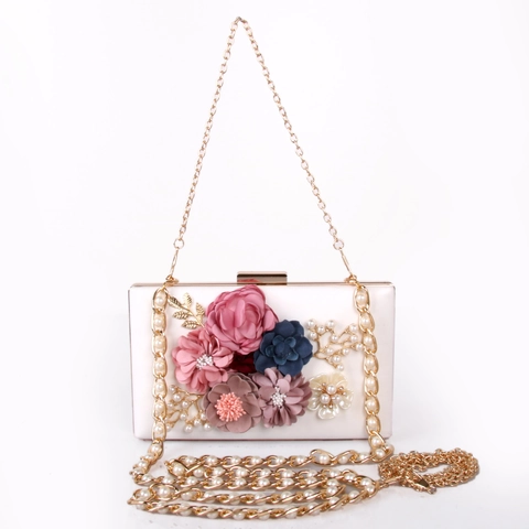Abend Clutch Tasche 3D Blume Künstliche Perle Metall Kettenriemen Hartschale Box Handtasche Hochzeit Party Elegant Rechteckige Geldbörse