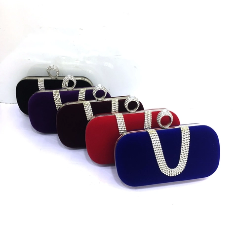 Velvet Evening Clutch Bag Rhinestone U-Shape Inlaid Wedding Party Handbag Metal Handle Ring Clasp Detachable Chain