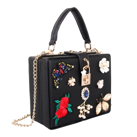 Butterfly Rose Embroidery Box Handbag With Artificial Pearl Flower Rhinestone Bee Elegant Vintage Women Party Evening Crossbody Bag