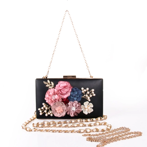 Abend Clutch Tasche 3D Blume Künstliche Perle Metall Kettenriemen Hartschale Box Handtasche Hochzeit Party Elegant Rechteckige Geldbörse