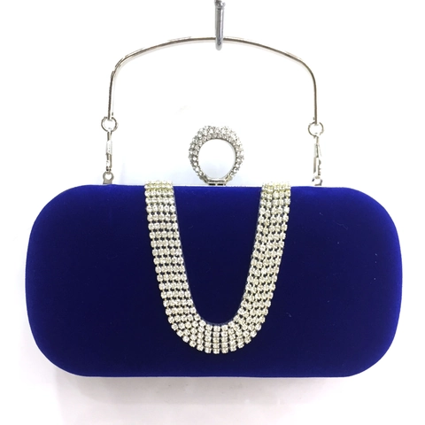 Velvet Evening Clutch Bag Rhinestone U-Shape Inlaid Wedding Party Handbag Metal Handle Ring Clasp Detachable Chain