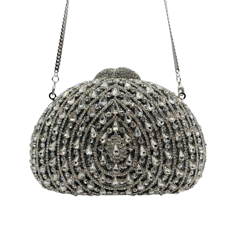 Pochette Da Sera Di Lusso In Lega Strass Intaglio A Forma Di Ventaglio Elegante Per Matrimonio Argento