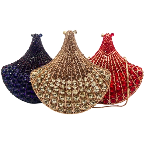 Pochette De Soirée Scintillante En Strass Forme D'éventail Sac À Main En Cristal Et Métal Pour Mariage Fête