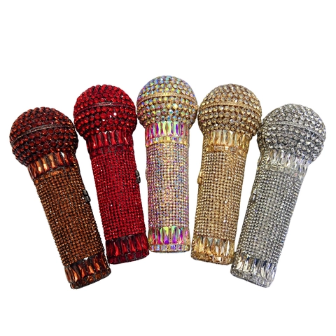 Microphone Shape Evening Clutch Bag Full Rhinestone Inlaid Luxury Hard Shell Party Purse With Chain Strap For Women