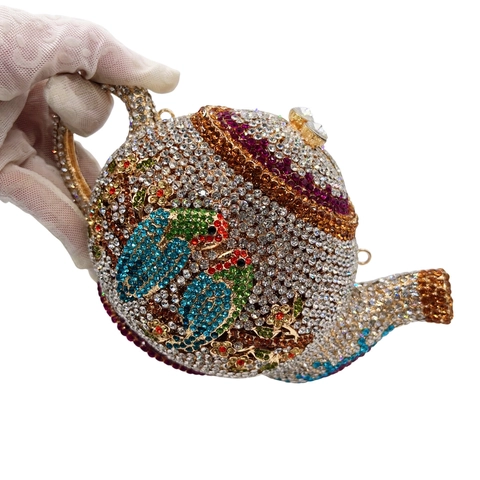 Teapot Shaped Evening Bag Full Rhinestone Crystal Metal Clutch Flower Bird Pattern For Party Banquet Wedding