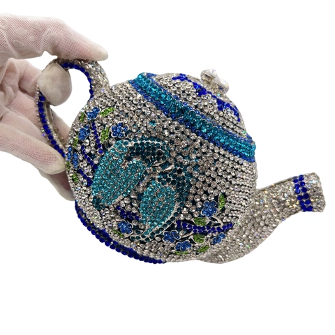 Teapot Shaped Evening Bag Full Rhinestone Crystal Metal Clutch Flower Bird Pattern For Party Banquet Wedding