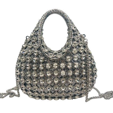 Pochette Da Sera Di Lusso Con Strass Donna Borsa Da Festa In Cristallo Scintillante Argento Metallizzato Con Catena