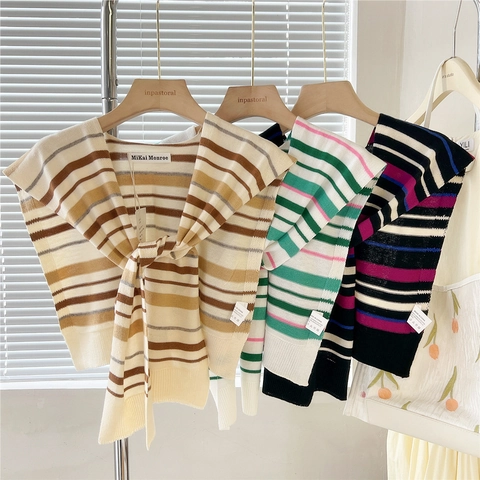 Striped Knitted Shawl Fake Collar Scarf Knot Shoulder Wrap Versatile Contrast Color Casual Accessories For Women