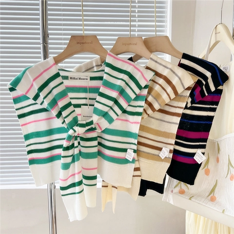 Striped Knitted Shawl Fake Collar Scarf Knot Shoulder Wrap Versatile Contrast Color Casual Accessories For Women
