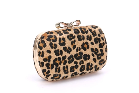 Pochette Da Sera Con Stampa Leopardata In Pelo Di Pony Con Fiocco Di Strass E Catena Per Donna