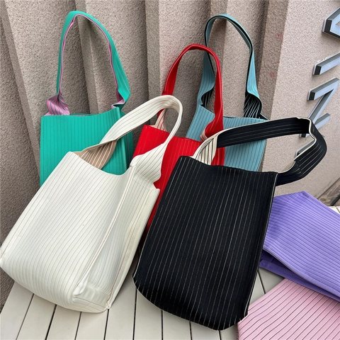Knitted Pleated Tote Bag Large Capacity Solid Color Vertical Stripe Shoulder Bag Casual Shopping For Women