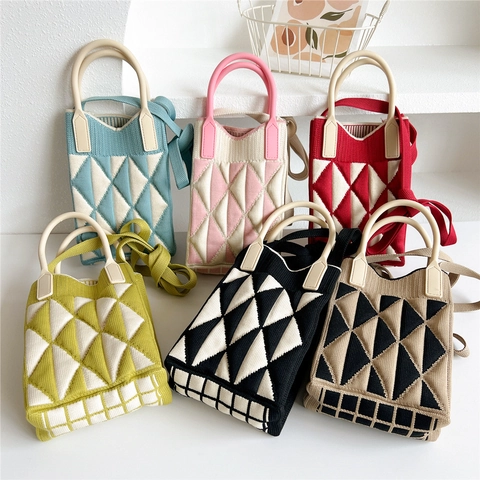 Mini Borsa Tracolla Maglia Poliestere Motivo Geometrico Diamante Manico Silicone Piccola Borsa A Mano Custodia Cellulare Chic