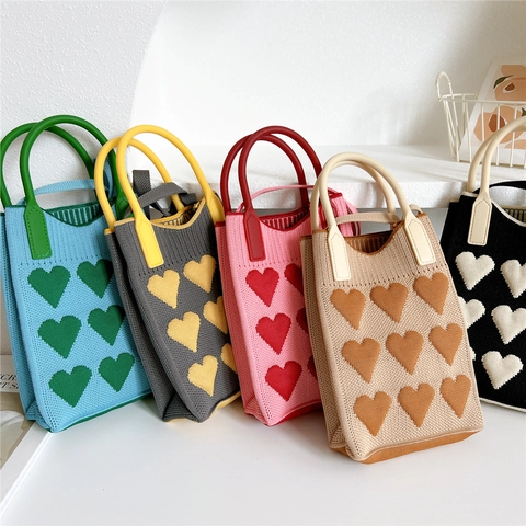 Knitted Crossbody Bag Women Mini Top Handle Handbag 3D Heart Pattern Polyester Phone Pouch Casual Sweet Girl Styling