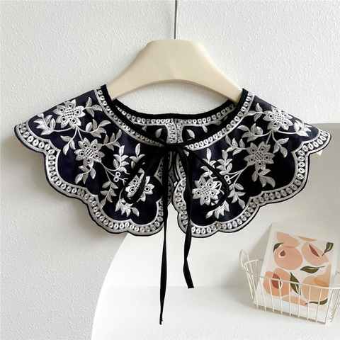 Faux Col Amovible Pour Femmes Broderie Organza Maille Motif Floral Dentelle Châle Décoratif Style Coréen