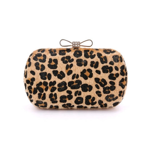 Pochette Da Sera Con Stampa Leopardata In Pelo Di Pony Con Fiocco Di Strass E Catena Per Donna