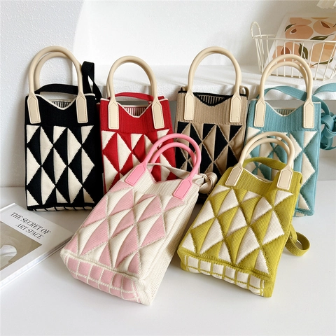 Mini Borsa Tracolla Maglia Poliestere Motivo Geometrico Diamante Manico Silicone Piccola Borsa A Mano Custodia Cellulare Chic