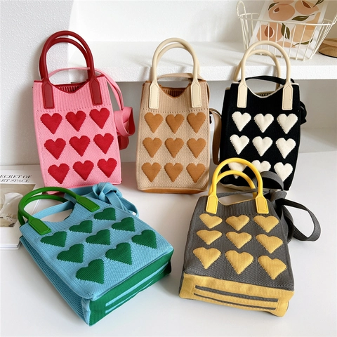 Knitted Crossbody Bag Women Mini Top Handle Handbag 3D Heart Pattern Polyester Phone Pouch Casual Sweet Girl Styling