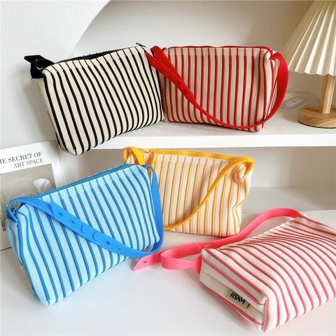 Striped Knitted Shoulder Bag With Adjustable Silicone Strap Zipper Casual Underarm Handbag For Women Sweet
