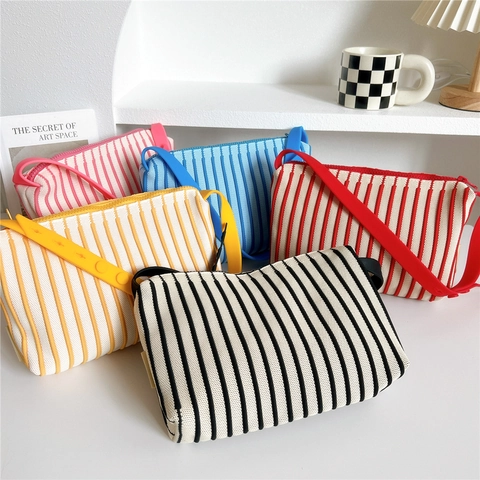 Striped Knitted Shoulder Bag With Adjustable Silicone Strap Zipper Casual Underarm Handbag For Women Sweet