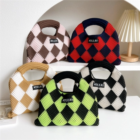 Sac À Main En Tricot À Carreaux Motif Argyle Sac Fourre-Tout Dumpling Petit Sac À Main Décontracté Pour Femmes