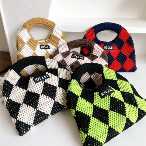 Sac À Main En Tricot À Carreaux Motif Argyle Sac Fourre-Tout Dumpling Petit Sac À Main Décontracté Pour Femmes