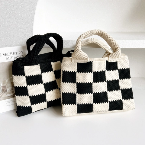 Gebreide Handtas Met Schaakbordpatroon Dames Koreaanse Haak Schoudertas Tote Niche Casual Rooster Schoudertas Magneetsluiting
