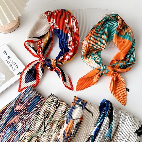 Women Small Square Scarf Plissé Pleated Polyester Floral Geometric Print French Retro Neck Tie Hair Band Decorative