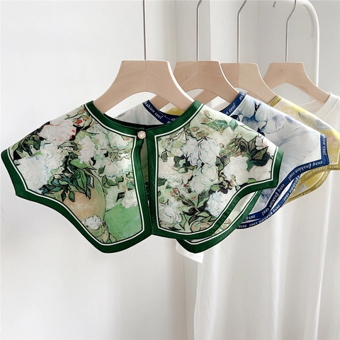 Dames Afneembare Valse Kraag Decoratieve Bloemenprint Kleine Sjaal Met Kunstparelknoop Vintage Polyester Accessoire