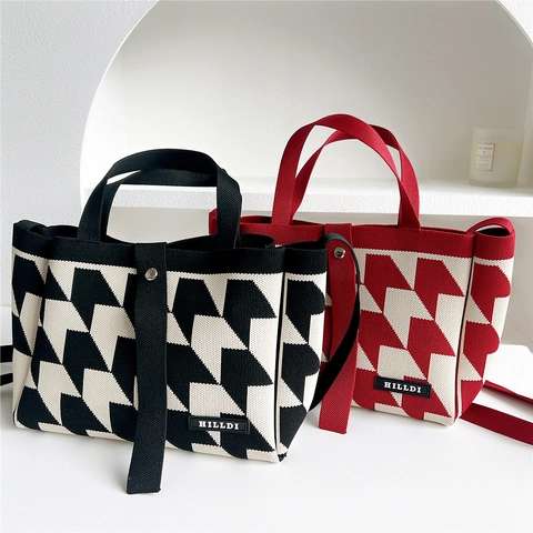Borsa Tote In Maglia Motivo Geometrico Pied-de-poule Tracolla A Mano Versatile Casual Maglieria Morbida Chiusura Magnetica Donna