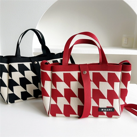 Borsa Tote In Maglia Motivo Geometrico Pied-de-poule Tracolla A Mano Versatile Casual Maglieria Morbida Chiusura Magnetica Donna