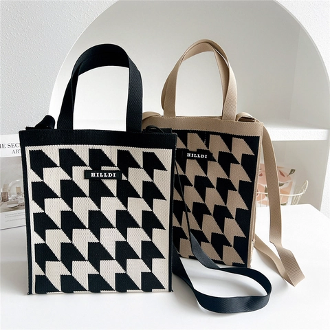 Bolso Tote De Punto Con Pata De Gallo Para Mujer Bolso De Mano Informal Con Hebilla Magnética Bolso De Hombro Versátil