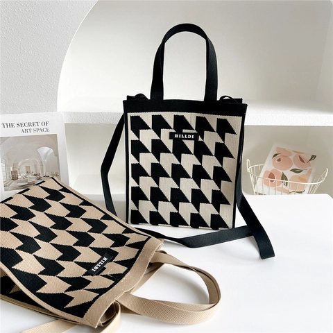 Bolso Tote De Punto Con Pata De Gallo Para Mujer Bolso De Mano Informal Con Hebilla Magnética Bolso De Hombro Versátil