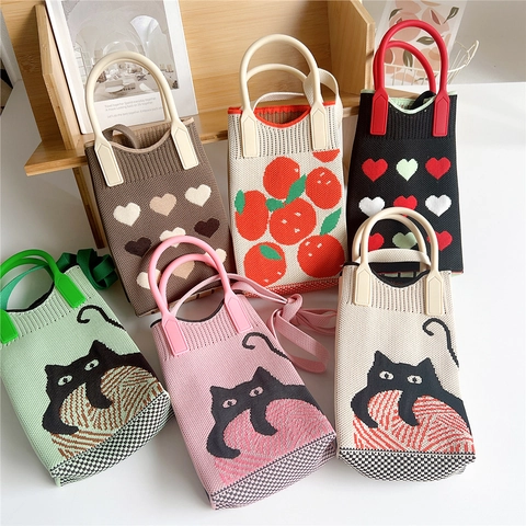 Petit Sac À Bandoulière En Tricot Motif Chat Dessin Animé Cœur Mini Sac À Main Pour Téléphone Portable Avec Poignée Rigide