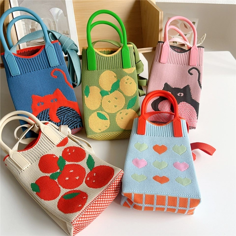 Petit Sac À Bandoulière En Tricot Motif Chat Dessin Animé Cœur Mini Sac À Main Pour Téléphone Portable Avec Poignée Rigide