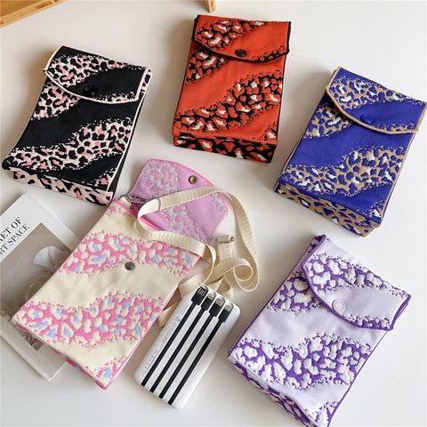 Bolso Bandolera De Punto Con Estampado De Leopardo Para Móvil Mini Bolso Con Solapa Correa Ajustable Lindo Informal Para Mujer