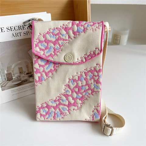Bolso Bandolera De Punto Con Estampado De Leopardo Para Móvil Mini Bolso Con Solapa Correa Ajustable Lindo Informal Para Mujer