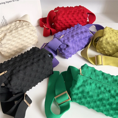 Women Popcorn Texture Knitted Crossbody Bag Wide Strap Small Square Shoulder Pouch Trendy Solid Color Zipper Closure Ins Style