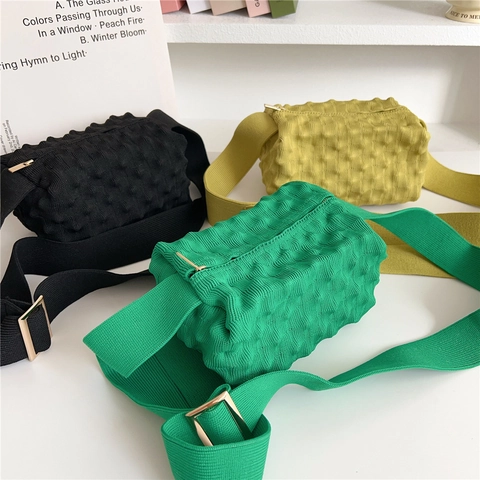 Women Popcorn Texture Knitted Crossbody Bag Wide Strap Small Square Shoulder Pouch Trendy Solid Color Zipper Closure Ins Style