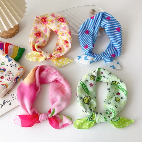 Square Scarf Bandana Floral Heart Print Lightweight Cotton Linen Feel Fashion Neck Head Accessory For Women