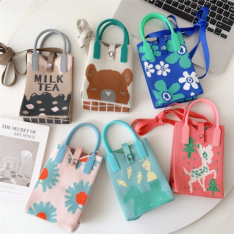 Mini Borsa A Tracolla In Maglia Carina Motivo Cartone Animato Pochette Per Telefono Borsa Con Manico E Tracolla Moda