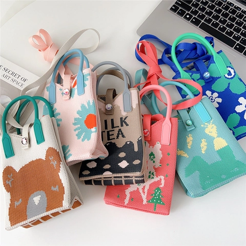 Mini Borsa A Tracolla In Maglia Carina Motivo Cartone Animato Pochette Per Telefono Borsa Con Manico E Tracolla Moda