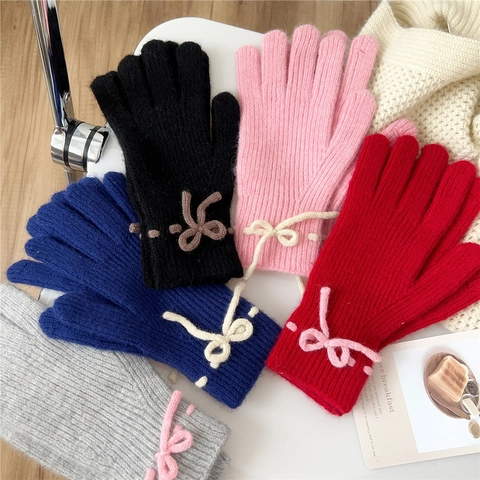 Strickhandschuhe Damen Winter Warm Schleife Deko Vollfinger Weich Einfarbig Touchscreen Outdoor Fäustlinge Student