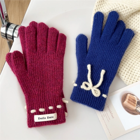 Strickhandschuhe Damen Winter Warm Schleife Deko Vollfinger Weich Einfarbig Touchscreen Outdoor Fäustlinge Student