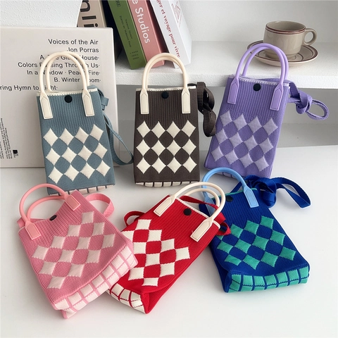 Mini Borsa A Tracolla In Maglia Con Motivo Argyle Borsa A Mano Porta Cellulare In Poliestere Casual Per Donna