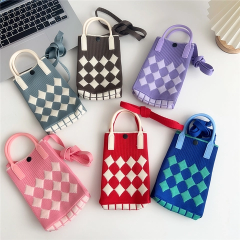 Mini Borsa A Tracolla In Maglia Con Motivo Argyle Borsa A Mano Porta Cellulare In Poliestere Casual Per Donna