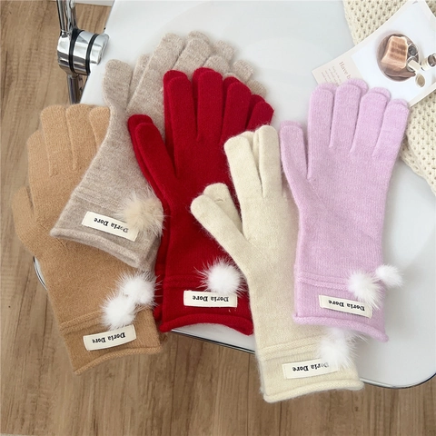 Knitted Gloves Women Winter Warm Candy Colors Five Finger Pom Pom Cute Korean Style Thick Mittens For Students