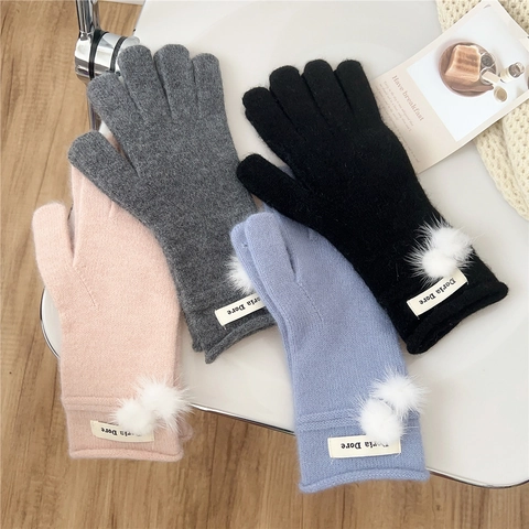 Knitted Gloves Women Winter Warm Candy Colors Five Finger Pom Pom Cute Korean Style Thick Mittens For Students