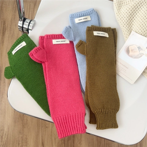 Guantes De Punto Sin Dedos Calentadores De Brazos Invierno Con Agujero Para Pulgar Color Sólido Espesados Para Mujeres